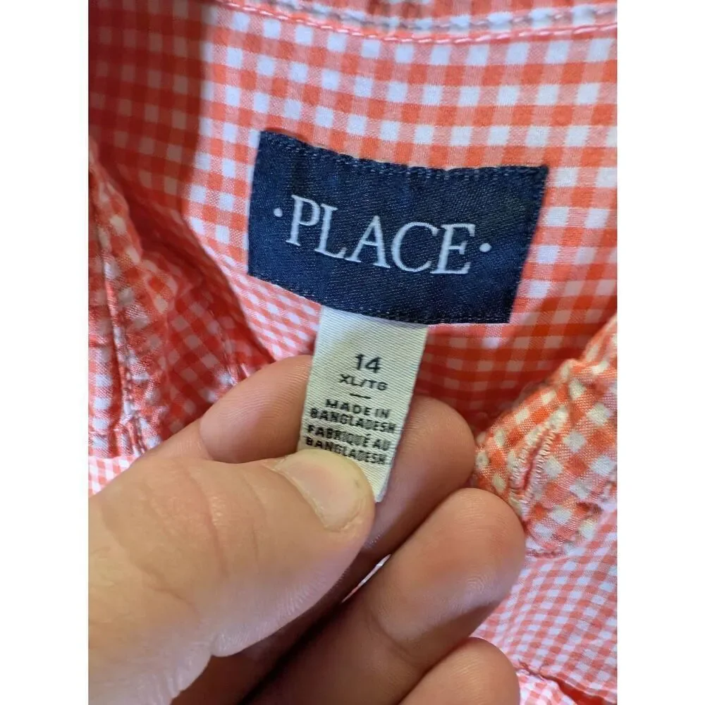 The Children's Place Boy's Orange and White Checked Long Sleeve Shirt Size 14 (X